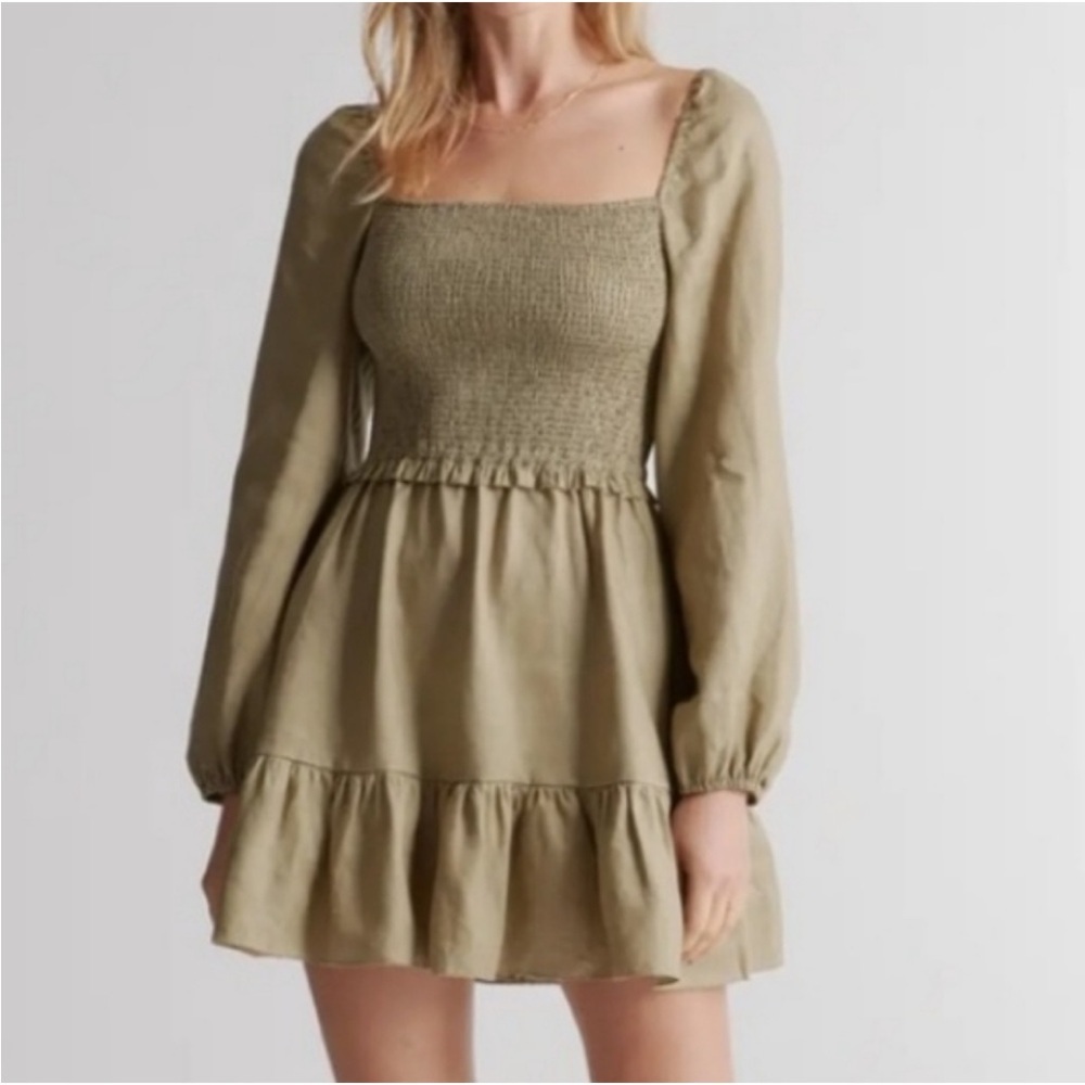 Quince Olive Smocked Square-Neck Mini Dress